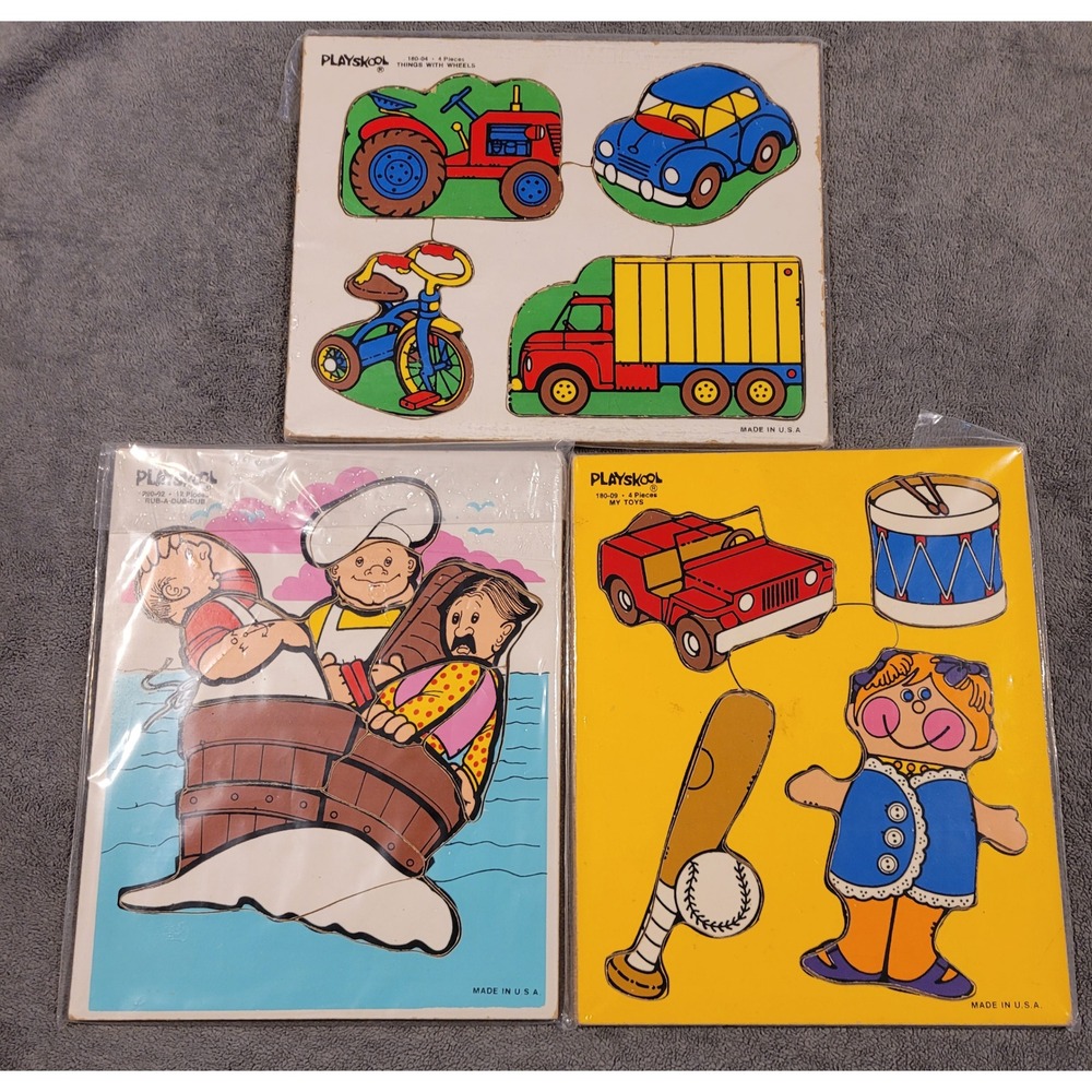 Vintage 1985 Playskool Wooden Puzzles Lot 3 180-04,290-02,& 180-09 Made in USA